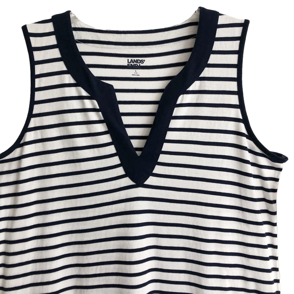 NEW Lands’ End Navy Stripe Cotton Jersey Sleeveless Swim Coverup L. - Picture 3 of 7